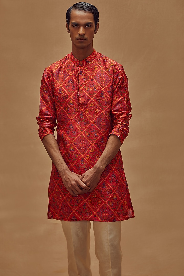 Red Silk Printed Kurta Set by Drishti & Zahabia Mens at Pernia's Pop Up Shop
