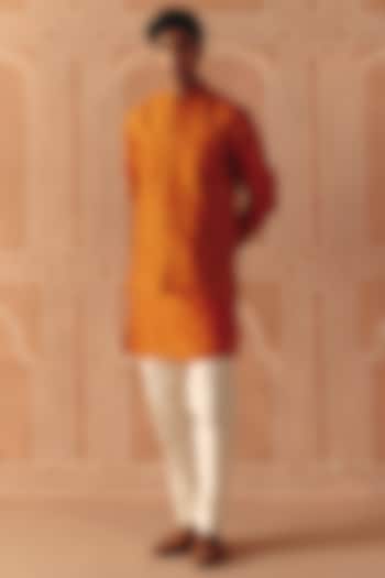 Burnt Orange Dupion Silk Printed Bundi Jacket Set by Drishti & Zahabia Men at Pernia's Pop Up Shop