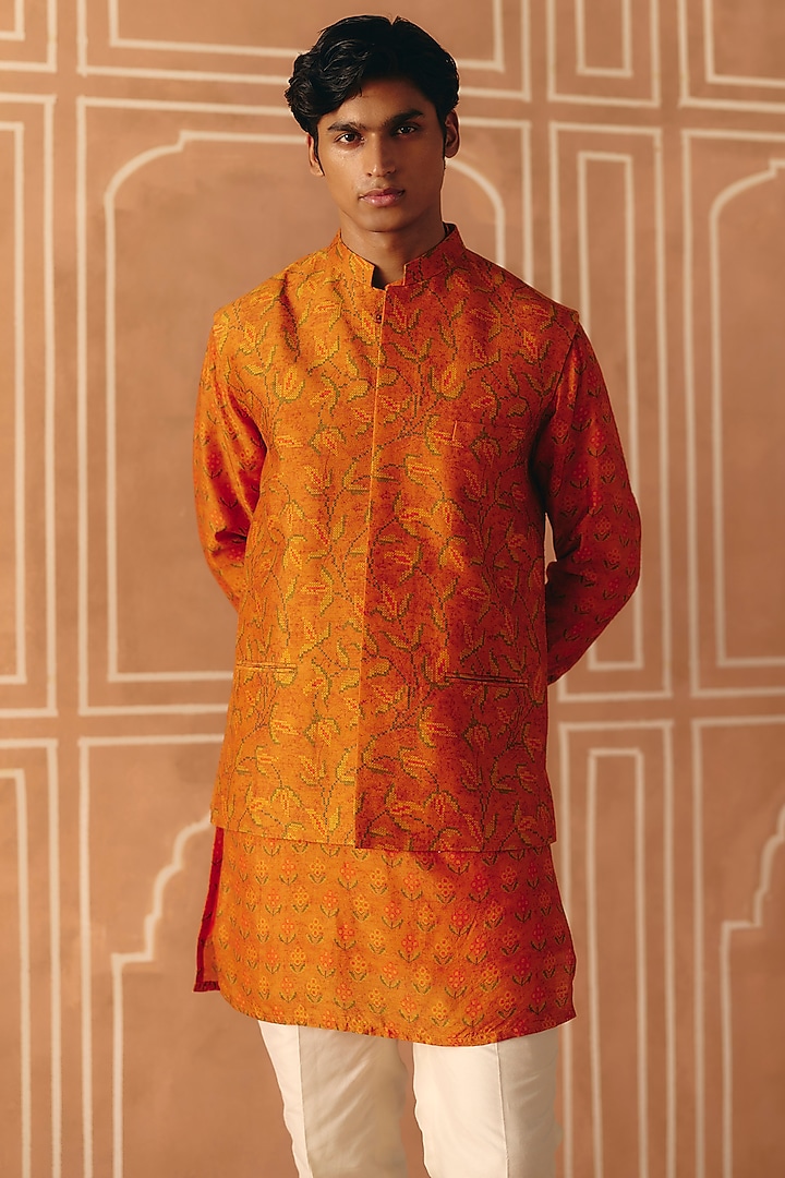 Burnt Orange Dupion Silk Printed Bundi Jacket Set by Drishti & Zahabia Mens at Pernia's Pop Up Shop