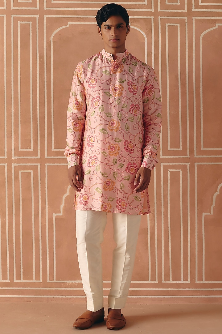 Blush Pink Dupion Silk Printed Kurta Set by Drishti & Zahabia Men at Pernia's Pop Up Shop