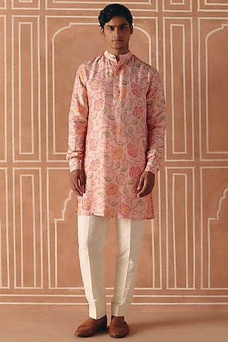 Blush Pink Dupion Silk Printed Kurta Set by Drishti & Zahabia Mens