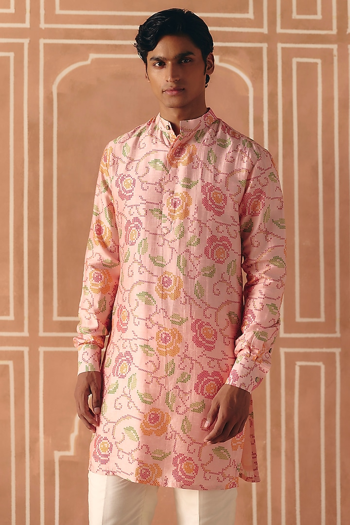 Blush Pink Dupion Silk Printed Kurta Set by Drishti & Zahabia Mens at Pernia's Pop Up Shop