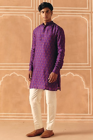 Imperial Violet Dupion Silk Printed Kurta Set by Drishti & Zahabia Mens