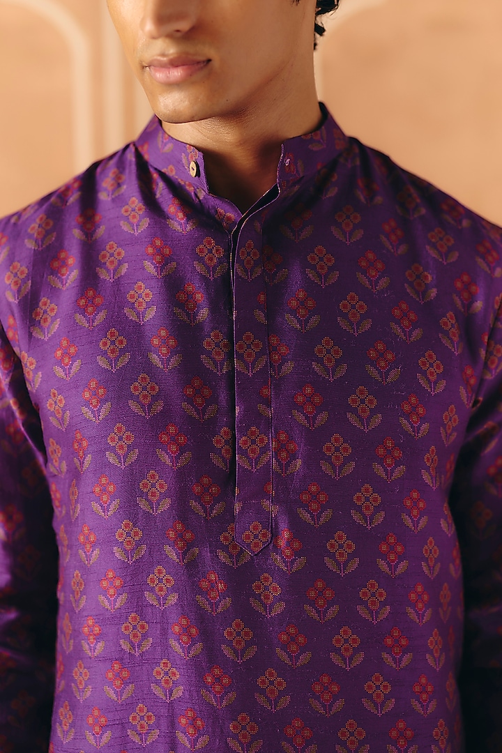 Imperial Violet Dupion Silk Printed Kurta Set by Drishti & Zahabia Mens at Pernia's Pop Up Shop