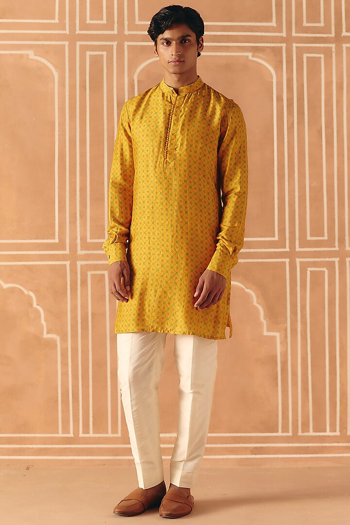 Marigold Yellow Dupion Silk Printed Kurta Set by Drishti & Zahabia Men at Pernia's Pop Up Shop