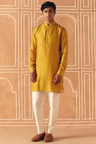 Marigold Yellow Dupion Silk Printed Kurta Set by Drishti & Zahabia Mens