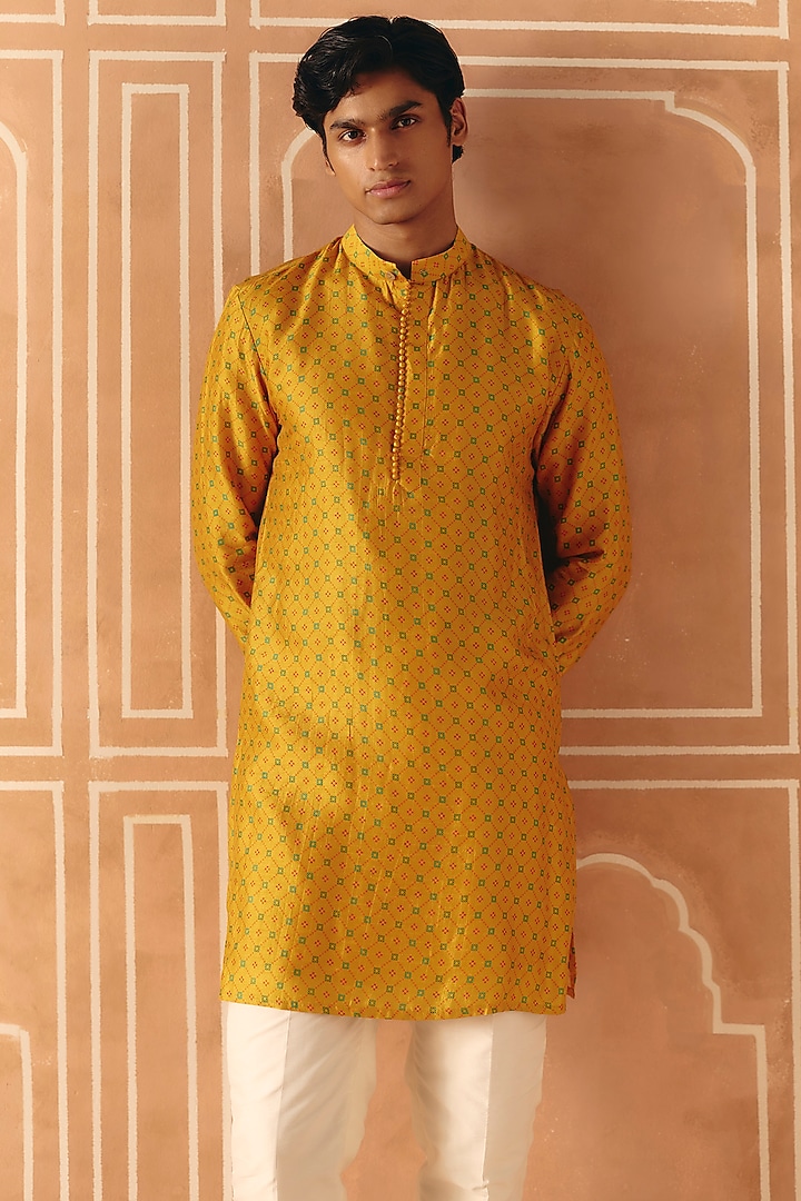 Marigold Yellow Dupion Silk Printed Kurta Set by Drishti & Zahabia Mens at Pernia's Pop Up Shop