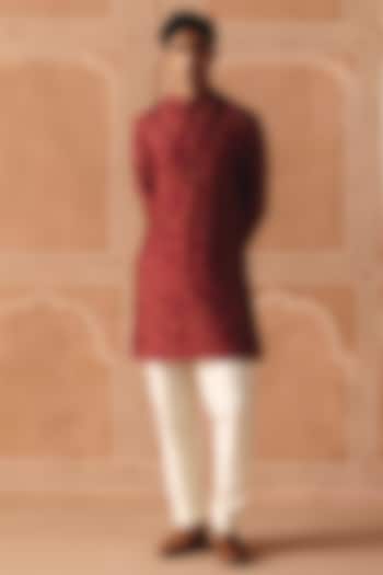 Berry Plum Dupion Silk Printed Kurta Set by Drishti & Zahabia Men at Pernia's Pop Up Shop