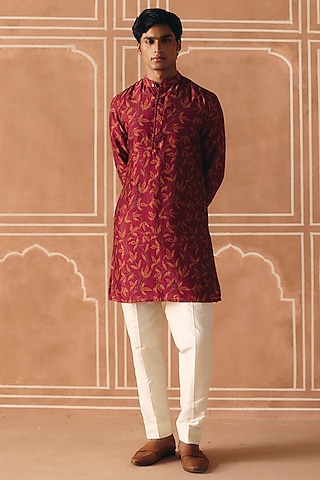 Berry Plum Dupion Silk Printed Kurta Set by Drishti & Zahabia Mens