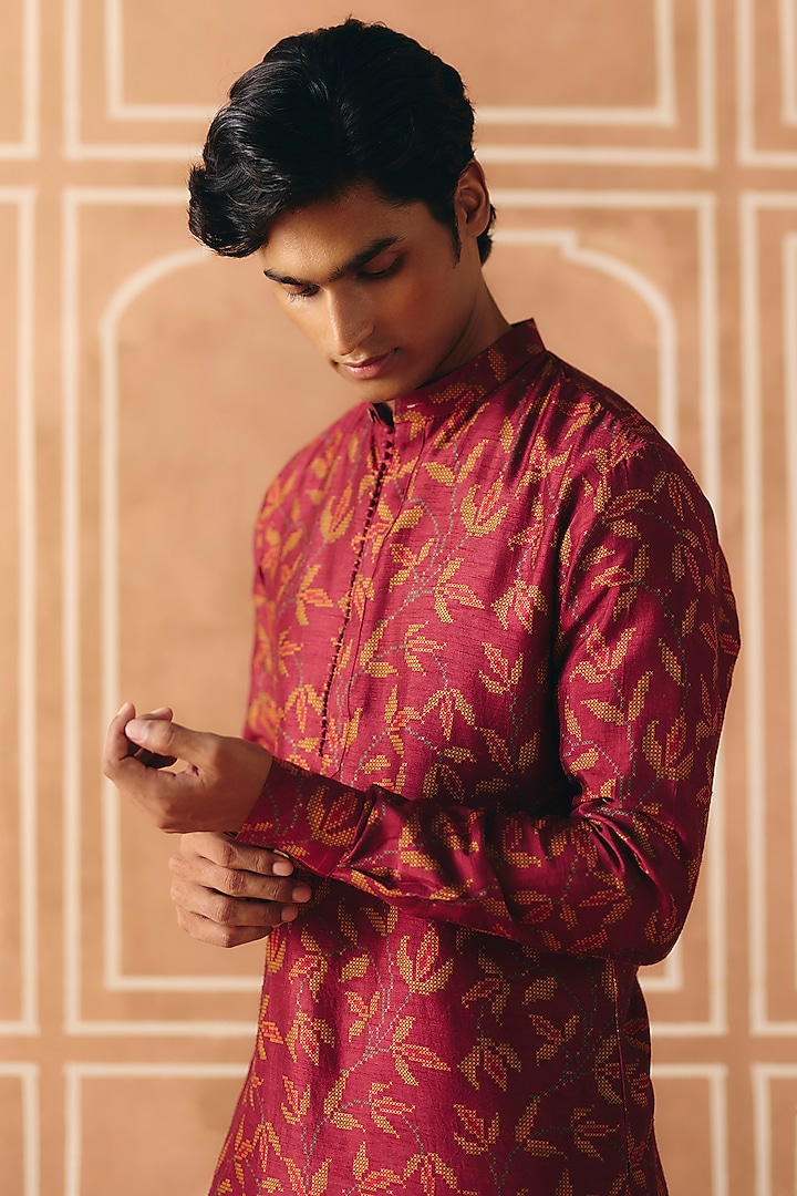 Berry Plum Dupion Silk Printed Kurta Set by Drishti & Zahabia Mens at Pernia's Pop Up Shop