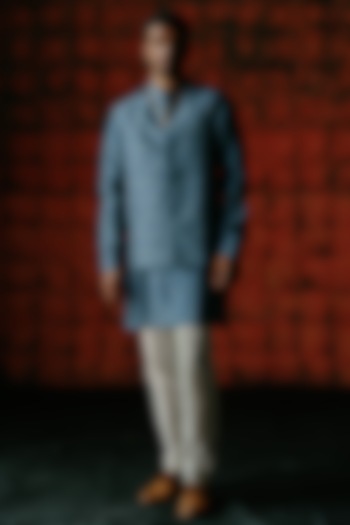 Indigo Dupion Silk Digital Printed Bundi Jacket Set by Drishti & Zahabia Men at Pernia's Pop Up Shop