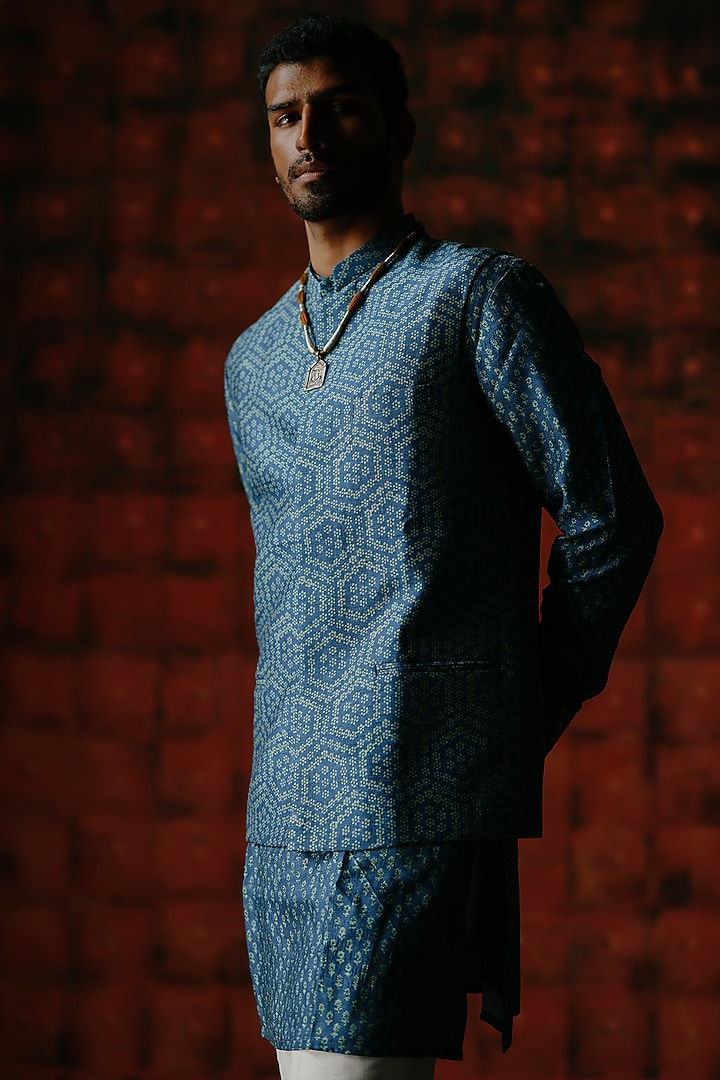 Indigo Dupion Silk Digital Printed Bundi Jacket Set by Drishti & Zahabia Mens at Pernia's Pop Up Shop