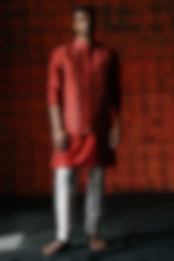 Brick Red Dupion Silk Digital Printed Bundi Jacket Set by Drishti & Zahabia Men at Pernia's Pop Up Shop