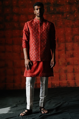 Brick Red Dupion Silk Digital Printed Bundi Jacket Set by Drishti & Zahabia Mens