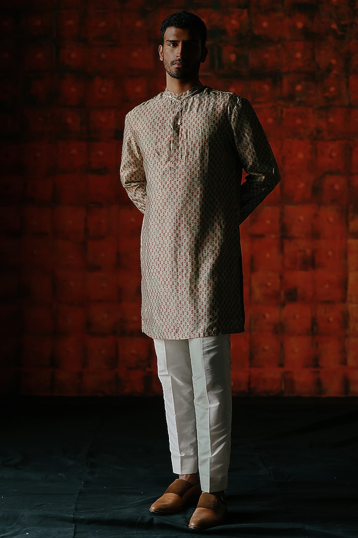Mint Dupion Silk Digital Printed Kurta Set by Drishti & Zahabia Men at Pernia's Pop Up Shop