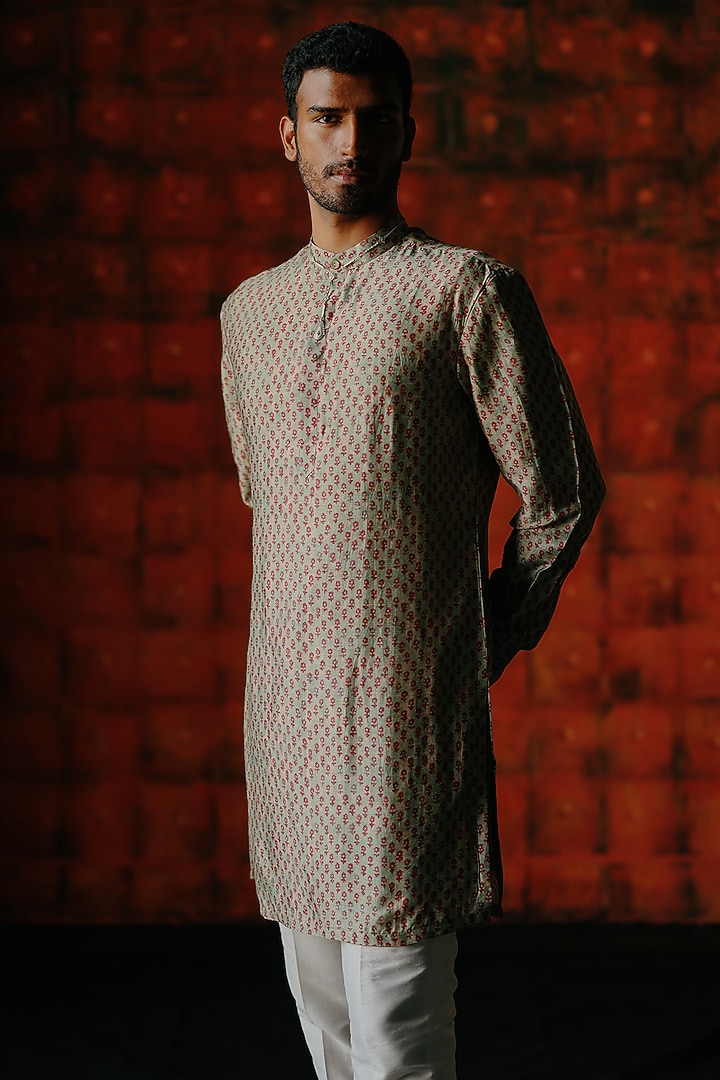 Mint Dupion Silk Digital Printed Kurta Set by Drishti & Zahabia Mens at Pernia's Pop Up Shop