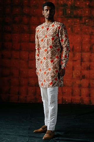 Ivory Dupion Silk Digital Printed Kurta Set by Drishti & Zahabia Mens