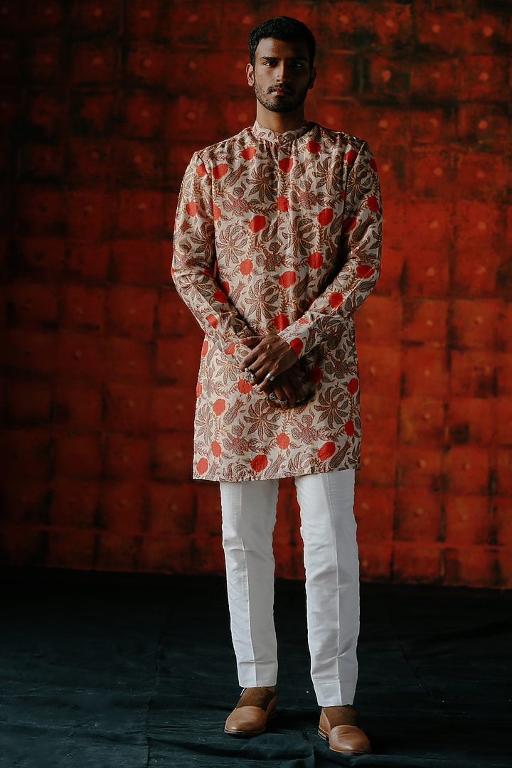 Ivory Dupion Silk Digital Printed Kurta Set by Drishti & Zahabia Mens at Pernia's Pop Up Shop