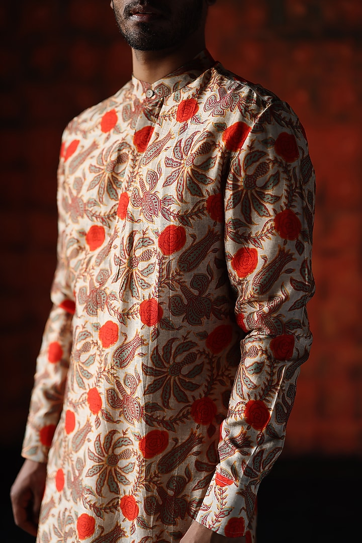 Ivory Dupion Silk Digital Printed Kurta Set by Drishti & Zahabia Mens at Pernia's Pop Up Shop