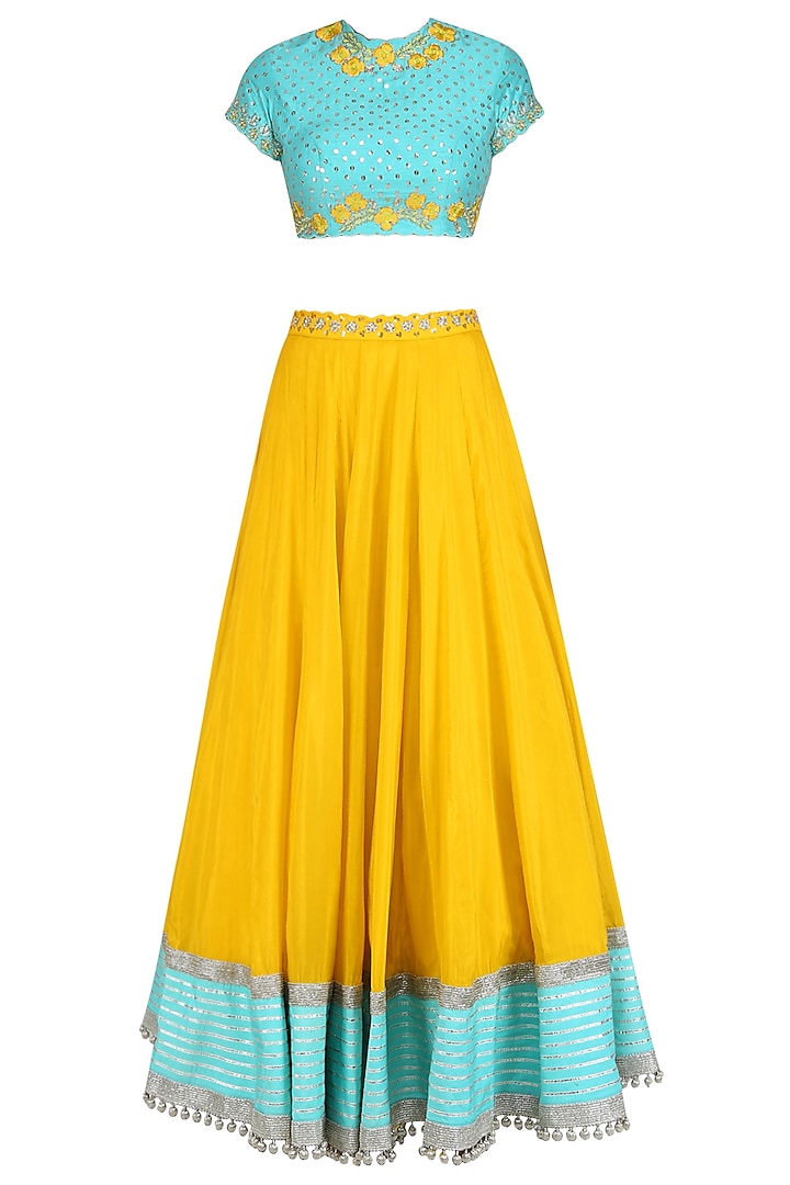 Blue Floral Embroidered Blouse and Yellow Lehenga Skirt Set by Blue Lotus