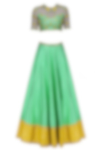 Green and Yellow Floral Embroidered Lehenga Set by Blue Lotus