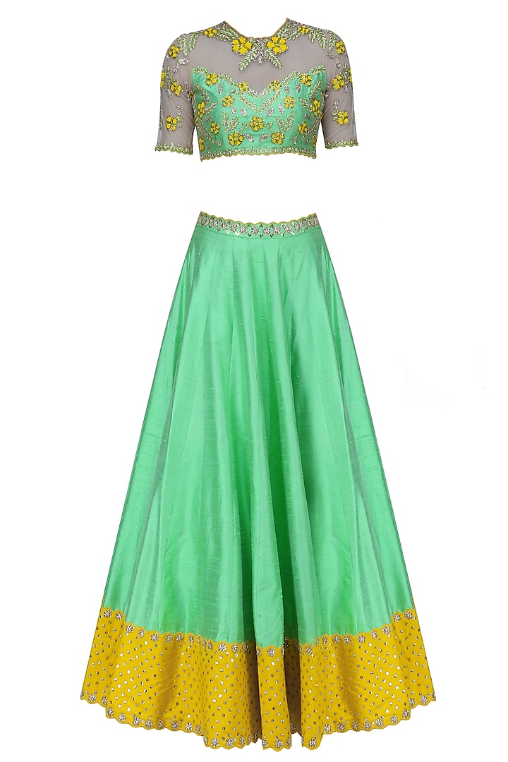 Green and Yellow Floral Embroidered Lehenga Set by Blue Lotus