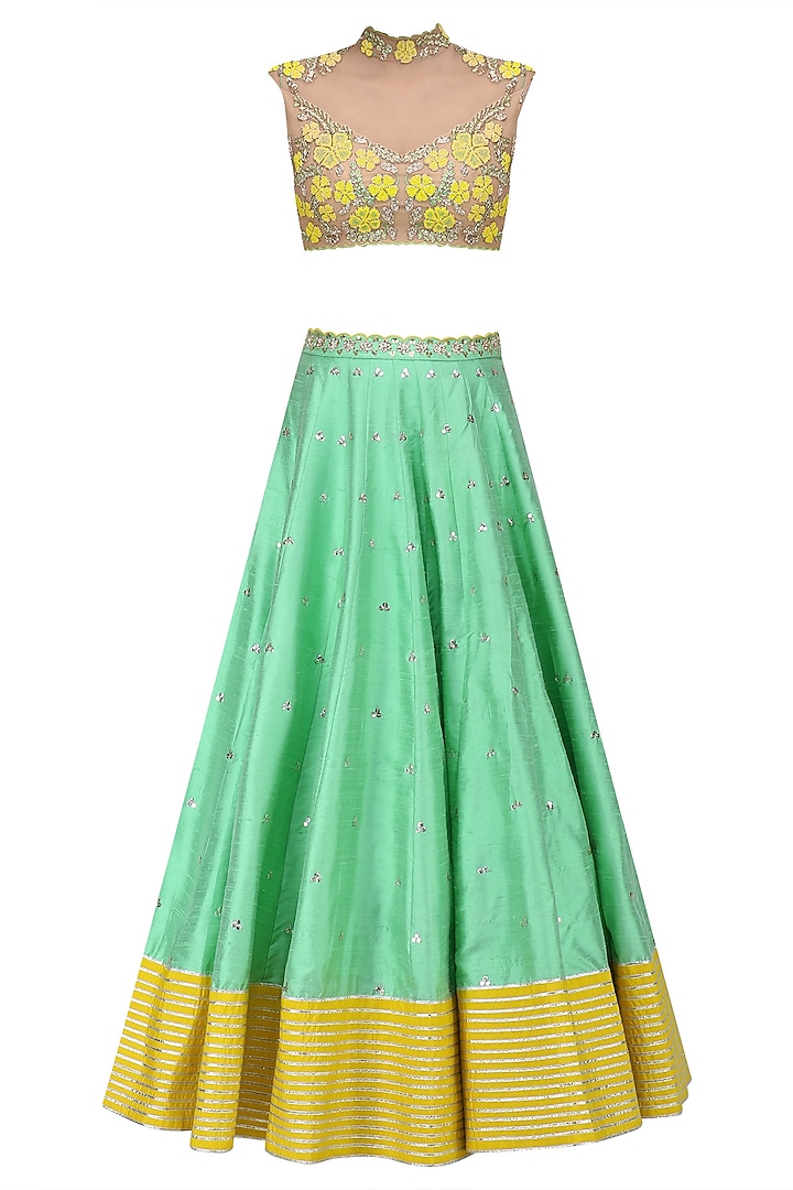 Green and Yellow Floral Embroidered Sheer Blouse and Lehenga Set by Blue Lotus