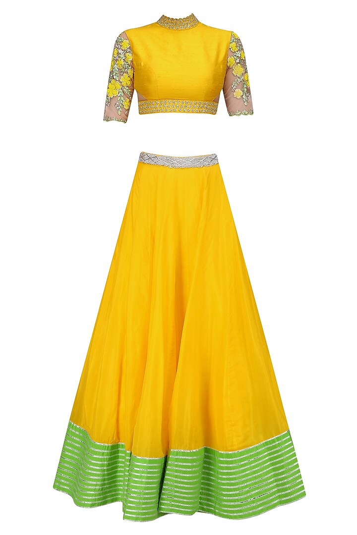 Yellow and Green Floral Embroidered Blouse and Lehenga Skirt Set by Blue Lotus