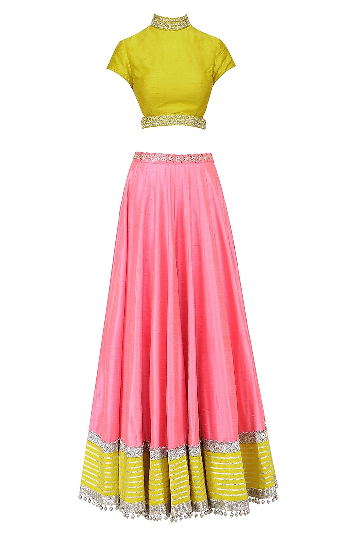 Mustard and Pink Embroidered Lehenga Set by Blue Lotus