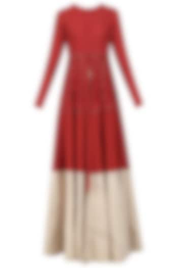 Red and beige embroidered jacket anarkali set available only at Pernia's Pop Up Shop.