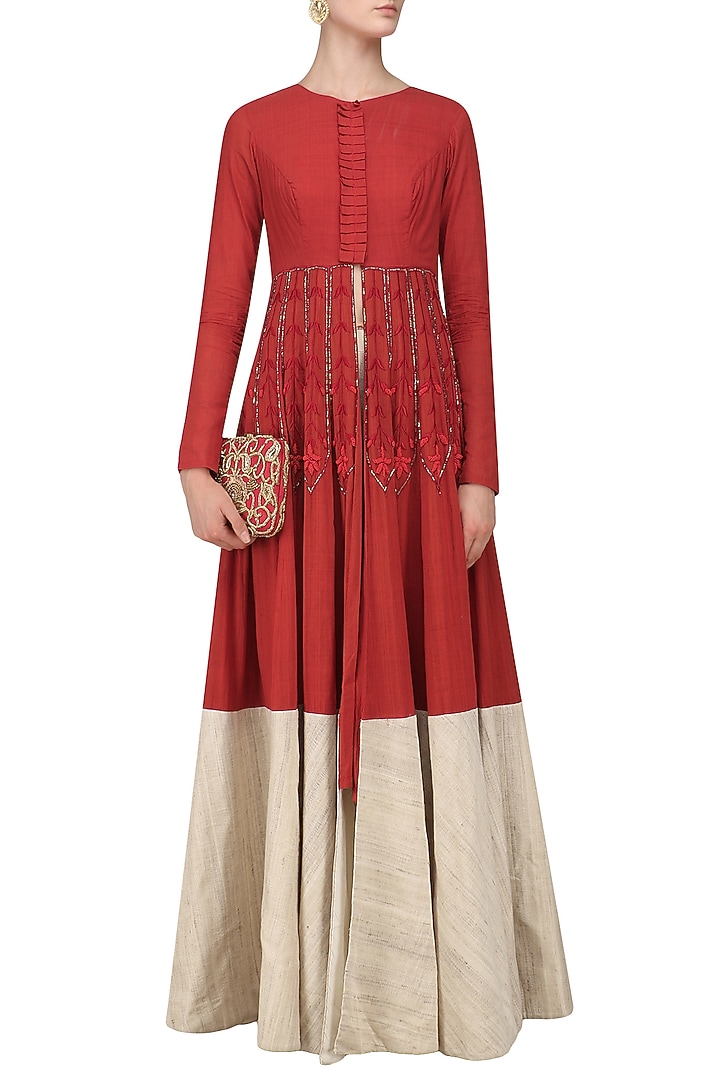 Red and beige embroidered jacket anarkali set available only at Pernia's Pop Up Shop.
