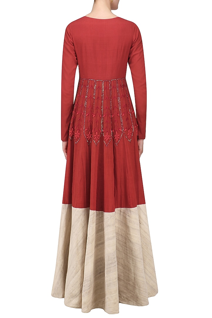 Red and beige embroidered jacket anarkali set available only at Pernia's Pop Up Shop.
