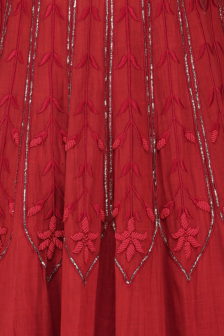 Red and beige embroidered jacket anarkali set available only at Pernia's Pop Up Shop.
