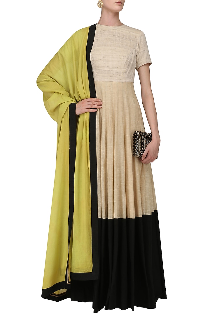 Beige and black floor length anarkali set available only at Pernia's Pop Up Shop.