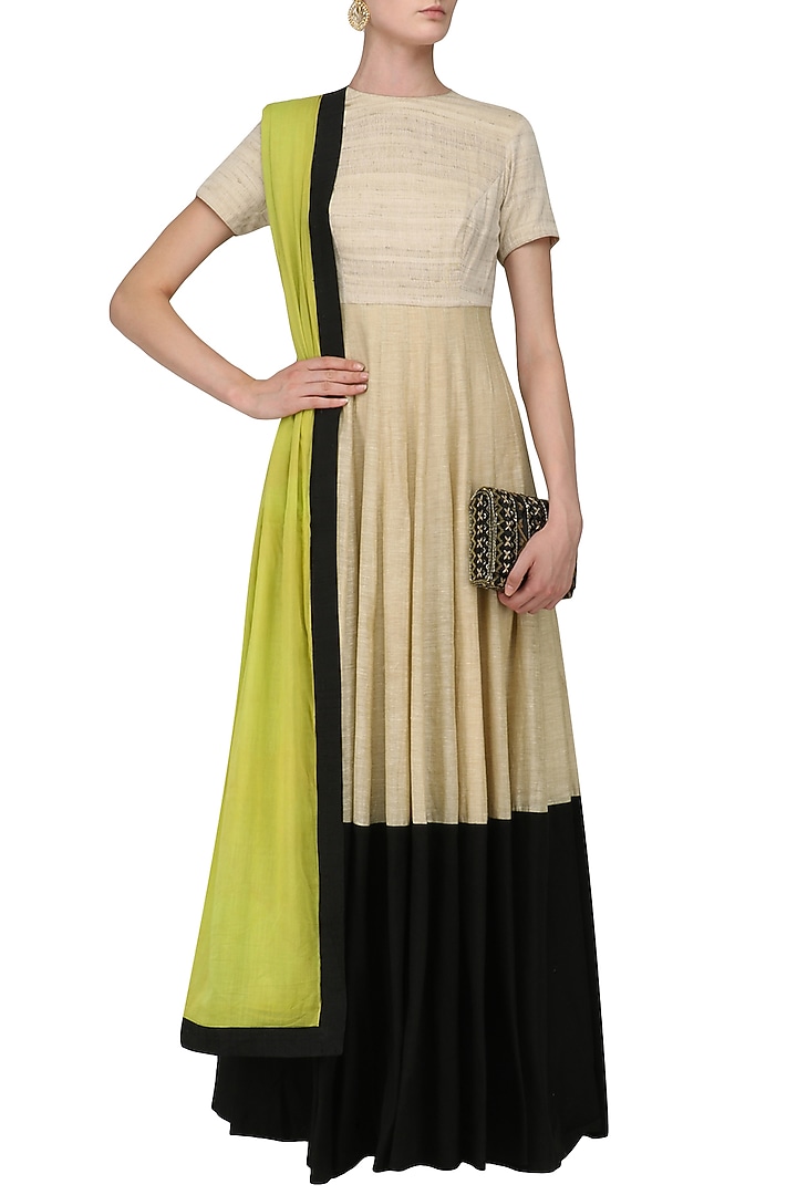 Beige and black floor length anarkali set available only at Pernia's Pop Up Shop.