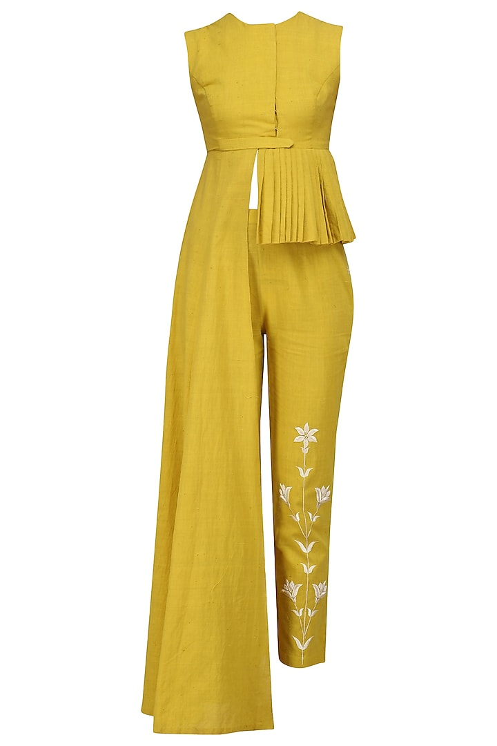 Tuscan Yellow Embroidered Crop Top and Pants Set by Blue Lotus