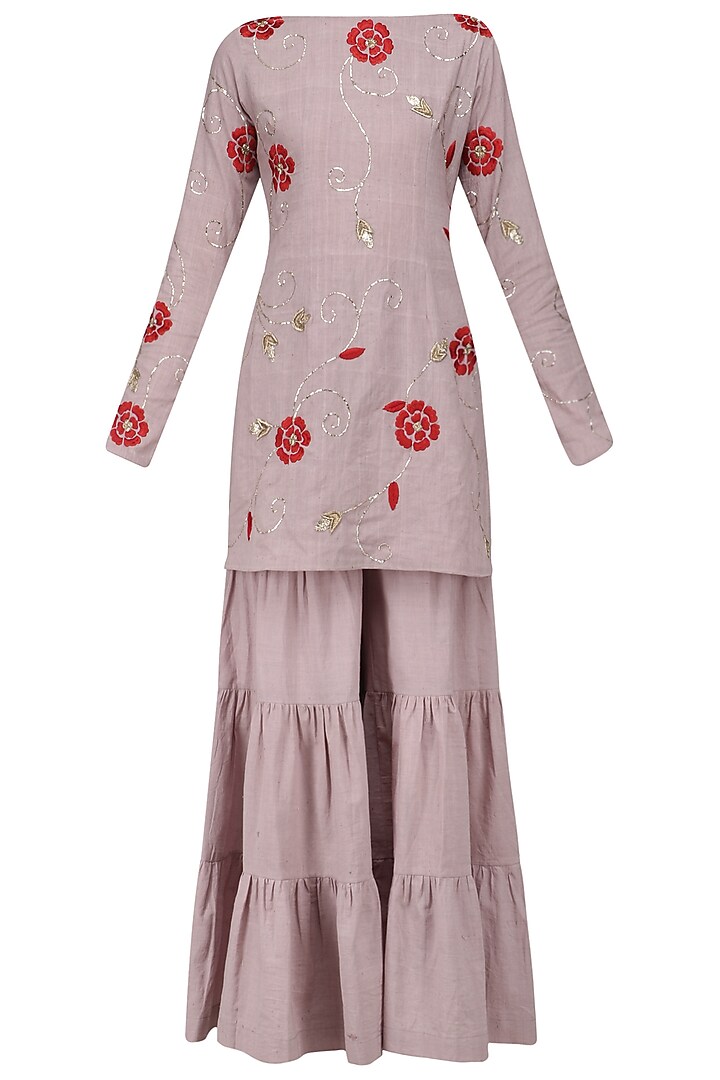 Lilac and Red Floral Embroidered Sharara Set by Blue Lotus