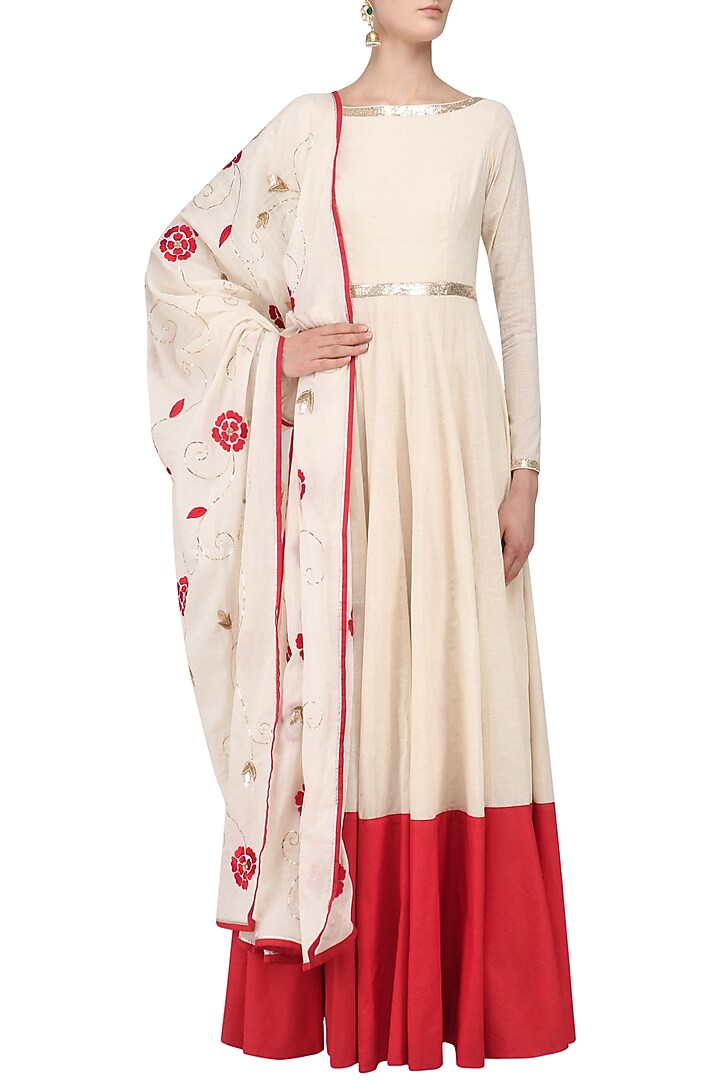 Ivory floral embroidered anarkali set available only at Pernia's Pop Up Shop.