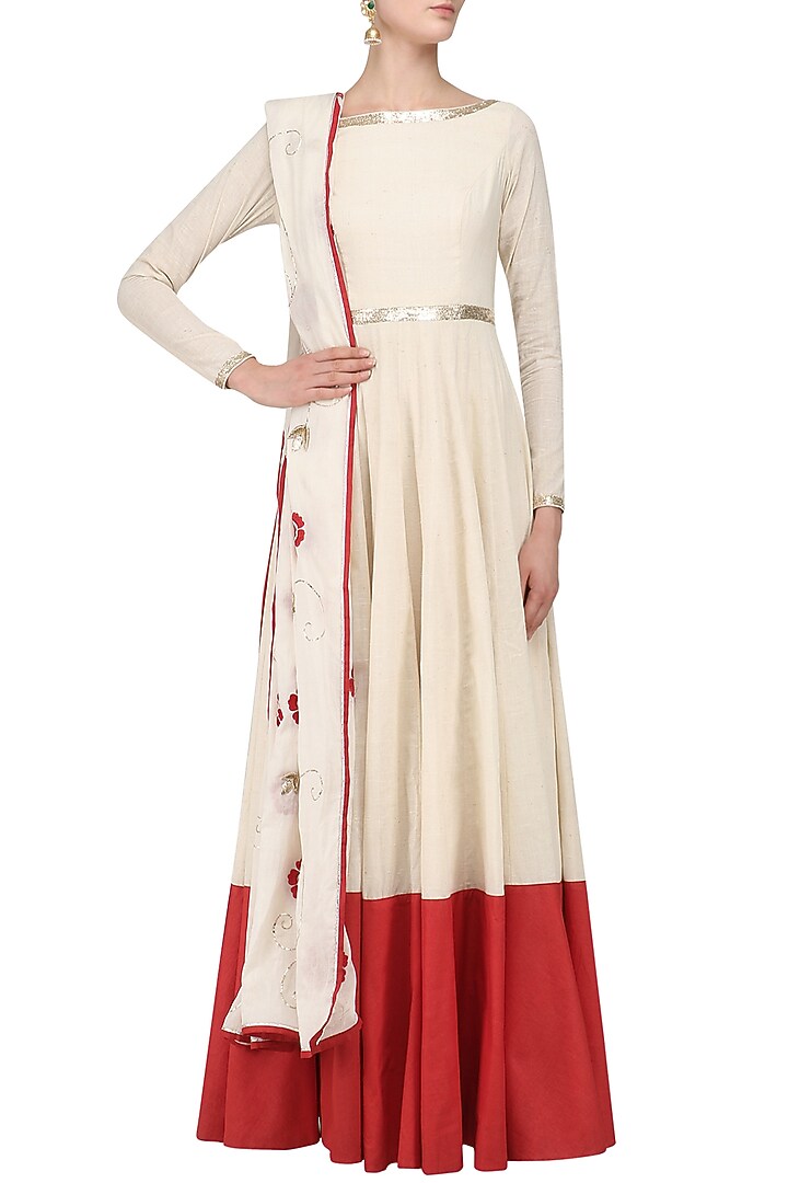 Ivory floral embroidered anarkali set available only at Pernia's Pop Up Shop.
