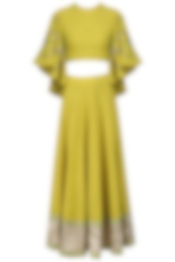 Tuscan Yellow Embroidered Crop Top and Ankle Length Skirt Set by Blue Lotus