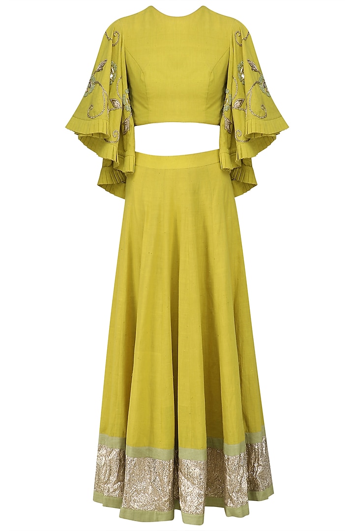 Tuscan Yellow Embroidered Crop Top and Ankle Length Skirt Set by Blue Lotus