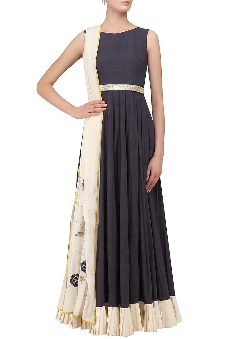 Dark grey and ivory embroidered anarkali set available only at Pernia's Pop Up Shop.