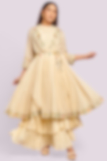 Beige Mul Thread Embroidered Party Wear Anarkali Set by Blue Lotus at Pernia's Pop Up Shop