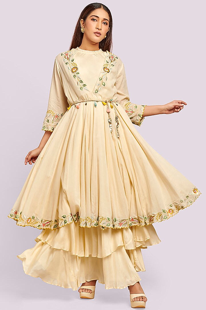 Beige Mul Thread Embroidered Party Wear Anarkali Set by Blue Lotus at Pernia's Pop Up Shop
