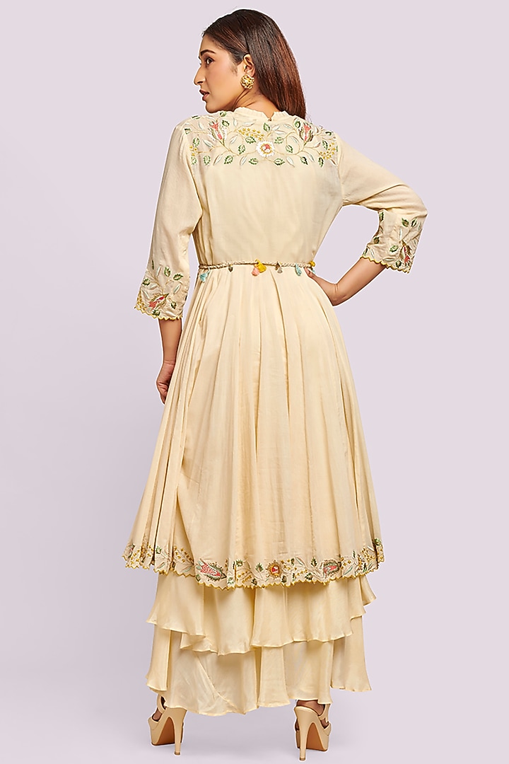 Beige Mul Thread Embroidered Party Wear Anarkali Set by Blue Lotus at Pernia's Pop Up Shop