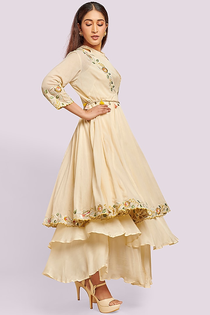 Beige Mul Thread Embroidered Party Wear Anarkali Set by Blue Lotus at Pernia's Pop Up Shop