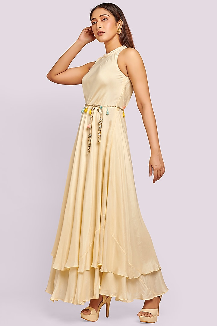 Beige Mul Thread Embroidered Party Wear Anarkali Set by Blue Lotus at Pernia's Pop Up Shop