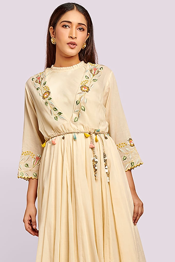 Beige Mul Thread Embroidered Party Wear Anarkali Set by Blue Lotus at Pernia's Pop Up Shop