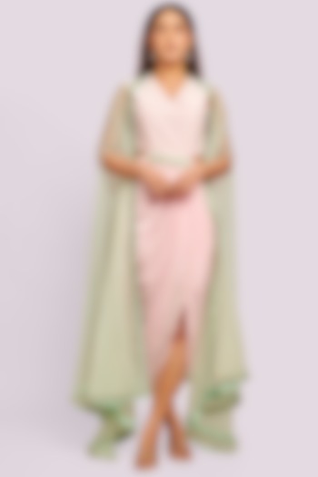 Light Pink Crepe Vacation Dress With Cape  by Blue Lotus at Pernia's Pop Up Shop