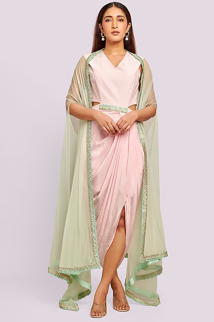 Light Pink Crepe Vacation Dress With Cape  by Blue Lotus at Pernia's Pop Up Shop